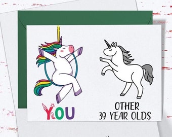 39th Birthday Card for her, Unicorn Birthday Card for 39th Birthday, Cute Card for Daughter, Girlfriend, Friend