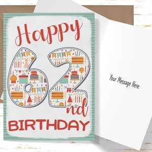 Happy 62nd Birthday Card for her, Birthday Card for 62nd Birthday, Cute Card for Son, Brother, Daughter, Girlfriend, Friend