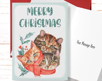 Cute Cat Christmas Card, Cute Cat Christmas Card, Cat Xmas Christmas Card
