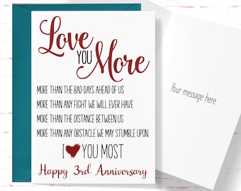 3rd Wedding Anniversary Card, Love You More 3 Year Anniversary Card, Third Anniversary Card , For Husband, For Wife