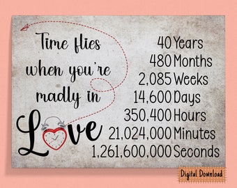 Printable Time Flies 40th Anniversary Card, 40th Anniversary Gift, Forty Year Anniversary Card, For Husband, For Wife, Fortieth Anniversary