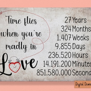 印刷可能な Time Flies 27 周年記念カード、27 周年記念ギフト、27 年目のカード、夫、妻、27 周年