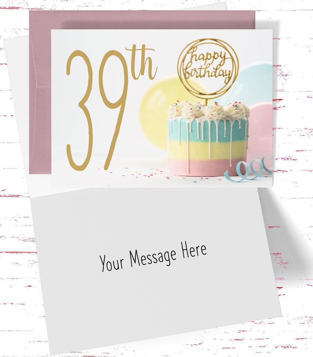 39th Birthday Card for Her, Beautiful Birthday Cake Card With Gold ...