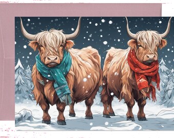 Funny Highland Cow Christmas Card: Winter Holiday Greeting