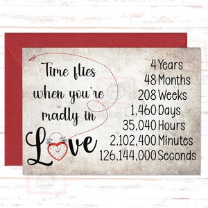4th Anniversary Card for Couples, 4 Year Anniversary Gift, Fourth Anniversary Card , For Husband, For Wife, Time Flies Anniversary Card