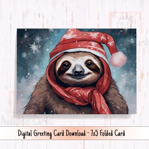 Carte de vœux imprimable paresseux, paresseux de Noël coiffé d'un bonnet de Noel, salutations numériques paresseux saisonniers
