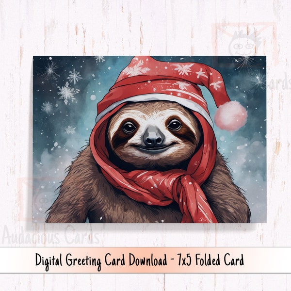 Printable Sloth Holiday Card, Christmas Sloth Wearing Santa Hat, Digital Seasonal Sloth Greetings