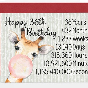 36th Birthday Card, Cute 36th Birthday Greeting Card, Funny 36th Giraffe Birthday Card, Cute Card From Kids 36 Years Time Count