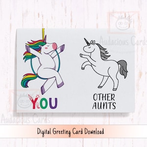 Afdrukbare grappige kaart voor tante, Unicorn verjaardagskaart voor tante, digitale wenskaart voor tante, Moederdagkaart, cadeau voor tante