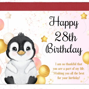 28th Birthday Card, Cute 28th Birthday Greeting Card, Funny 28 Year Birthday Card, Penguin Birthday Card, Card For Her, Friend, Coworker