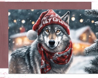 Carte saisonnière de loup, carte de voeux d'animal, cartes de Noël de vacances, carte d'heure d'hiver de père Noël de loup, carte de Noël d'amoureux de loup