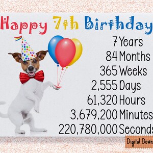 Druckbare süße 7. Geburtstag Karte, Time Count Geburtstagskarte für 7. Geburtstag, süßer Hund Geburtstagswünsche 7 Jahre alt