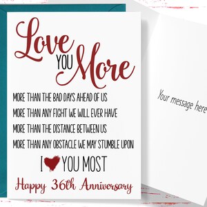 36th Anniversary Card, Love You More 36 Year Anniversary Card, Thirty Sixth Anniversary Card, For Husband, For Wife