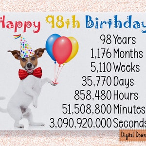 Druckbare niedliche 98. Geburtstagskarte zum 98. Geburtstag, Oma, Opa, Onkel, Tante, Mama, Papa süße Hund Geburtstagskarte