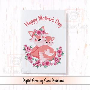 Cartão de download digital para mãe, Feliz Dia das Mães Fox, Cartão fofo para impressão para o Dia das Mães, Cartão de Dia das Mães para a mãe da filha
