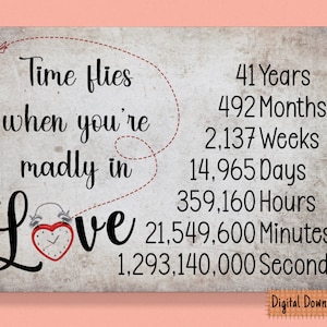 印刷可能な Time Flies 41周年記念カード、41周年記念ギフト、41周年記念カード、夫用、妻用、41周年