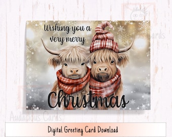 Downloadable Highland Cow Christmas Card, Digital Christmas Greeting Card, Highland Cow Printable Greeting Card