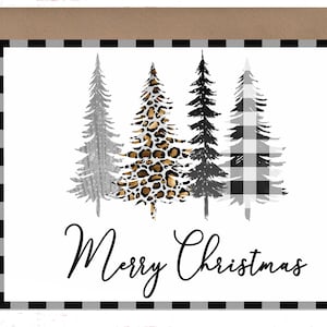 Tree Christmas Card, Merry Christmas Four Trees Checked Boarder