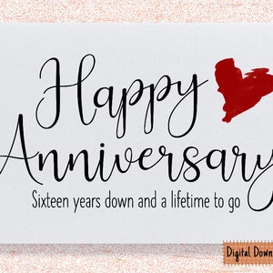 Tarjeta imprimible del 16º aniversario, regalo del 16º aniversario, tarjeta del 16º aniversario, para marido, para esposa, 16º aniversario
