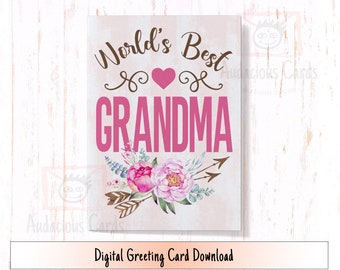Printable Mother's Day Card World's Best Grandma, Digital Card for Mother's Day, Grandma Birthday Card Instant Download