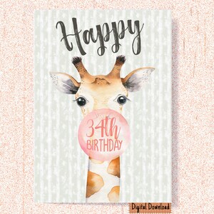 Druckbare 34. Geburtstagskarte, Giraffe Geburtstagskarte zum 34. Geburtstag, süße Karte für Tochter, Freundin, Freund, vierunddreißig Geburtstag