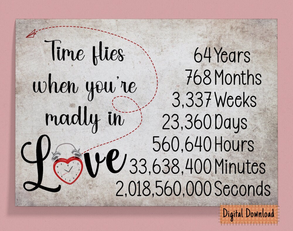 Afdrukbare tijd vliegt 64e verjaardagskaart, 64e verjaardagscadeau, vierenzestigjarig jubileumkaart, voor man, voor vrouw, vierenzestigste