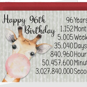 96th Birthday Card for her, Time Count Birthday Card for 96th Birthday, Grandma, Grandpa, Uncle, Aunt, Cute Giraffe Birthday Card