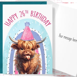 Highland Cow 26th Birthday Card, Cute Twenty Six Birthday Card, 26 Year Old Card for Daughter, Coworker, Friend, Happy 26th Birthday Card