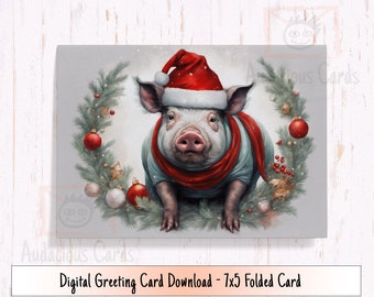 Carte de vœux à imprimer, cochons d'hiver portant des écharpes et des bonnets de père Noël, salutations numériques saisonnières de cochons à ventre plat