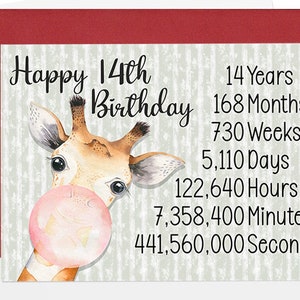 14th Birthday Card for her, 14 Years Months Weeks Days Birthday Card for 14th Birthday, Cute Giraffe Card for Daughter, Niece, Friend