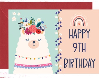 9th Birthday Card, Cute Llama 9th Birthday Greeting Card, Funny 9 Year Old Birthday Card, Llama Birthday Card, Card for Kids, Niece, Nephew