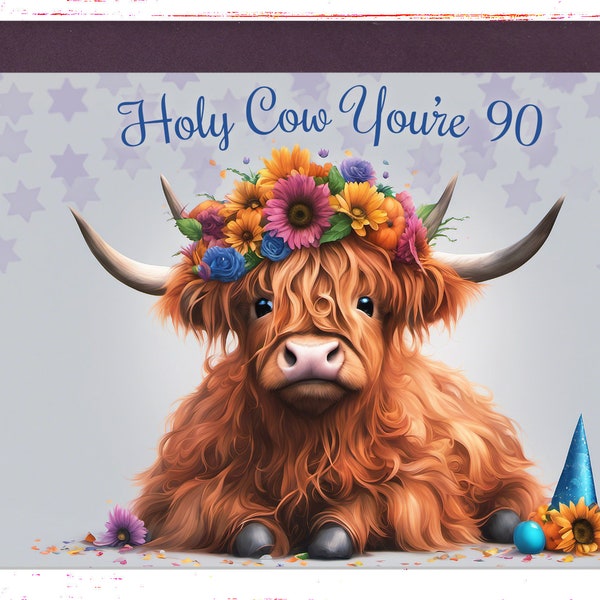 90th Birthday Card, Cute Highland Cow Birthday Card for 90 Year Old Birthday, Cute Card for Men or Women, Mom or Dad, 90th Birthday