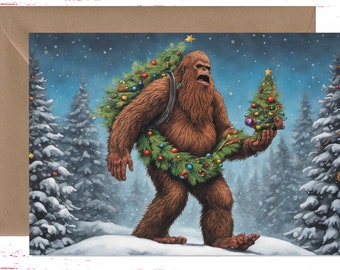 May include: A brown Bigfoot character wearing a Christmas wreath and carrying a small Christmas tree in a snowy forest setting.