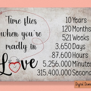 Imprimable Time Flies Couples de cartes du 10e anniversaire, cadeau du 10e anniversaire, carte du dixième anniversaire, pour mari, femme, anniversaire de 10 ans
