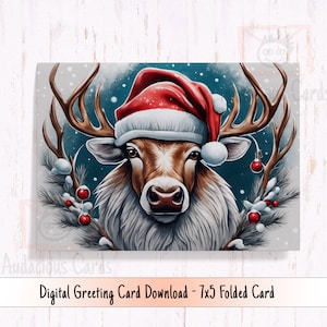 Carte de vacances de cerf imprimable, cerf de Noël portant un chapeau de Père Noël, carte de Noël numérique de cerf saisonnier