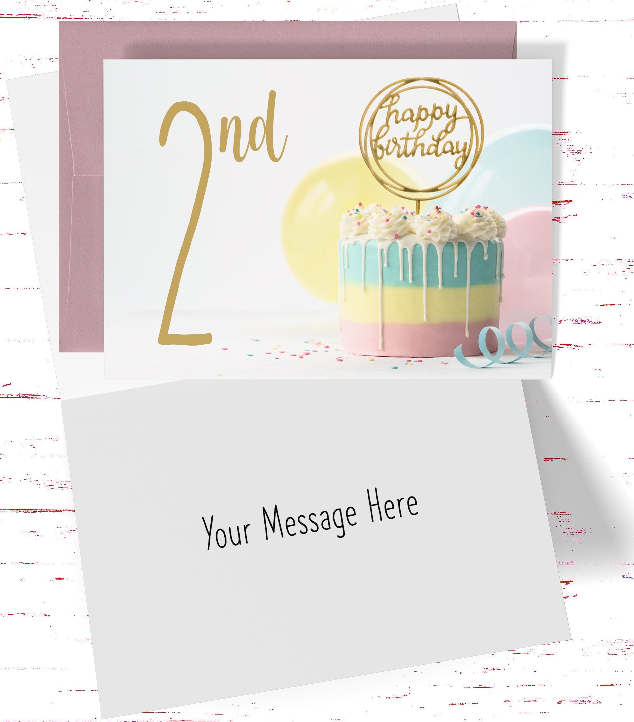 2nd Birthday Card: Gold Lettering, Cake Design - Etsy