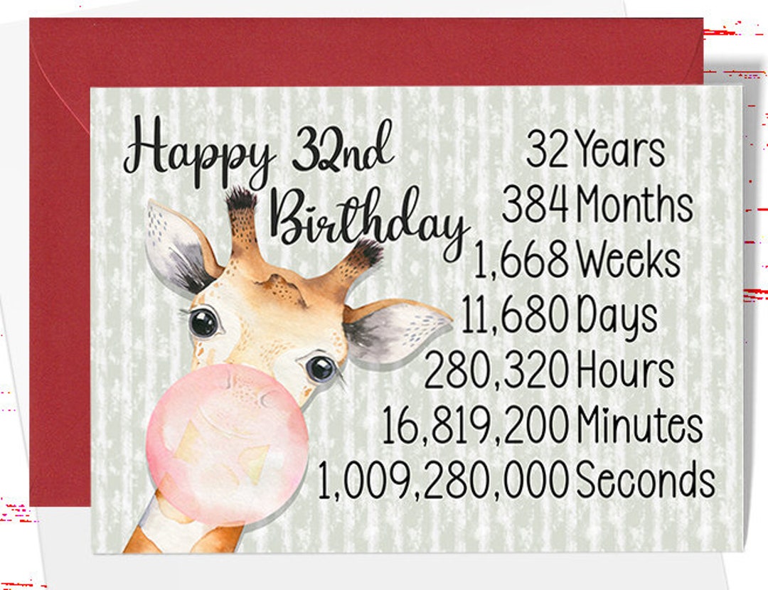 32nd Birthday Card, Cute 32nd Birthday Greeting Card, Funny 32nd ...