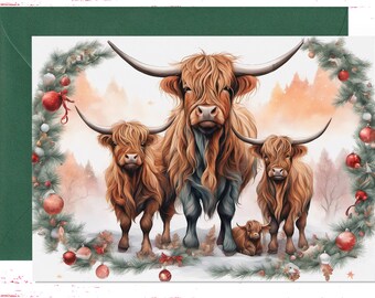 Highland Cow Family Christmas Card: Holiday Greeting