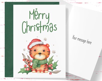 Cute Christmas Tiger Card, Christmas Greeting Card, Animal Christmas Card, Holiday Christmas Cards, Tiger Christmas Card