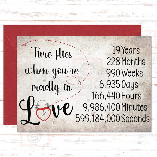 Time Flies 19th Anniversary Card, 19th Anniversary Gift, Nineteenth Anniversary Card, For Husband, For Wife, 19 Year Anniversary