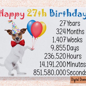 Tarjeta de cumpleaños número 27 linda imprimible, tarjeta de cumpleaños para el cumpleaños número 27, deseos de cumpleaños de perro lindo 27 años