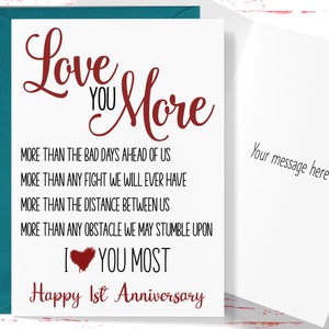 1st Wedding Anniversary Card, Love You More 1 Year Anniversary Card, First Anniversary Card , For Husband, For Wife