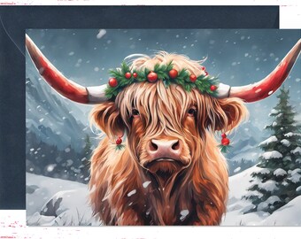Highland Cow Holiday Card, Cow Walking in the Forest Christmas Card, Highland Cows Christmas Card, Holiday Christmas Cards, Merry Christmas