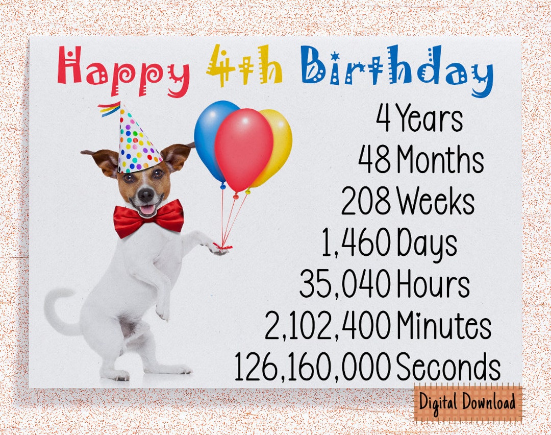 Printable Cute 4th Birthday Card, Time Count Birthday Card for 4th ...