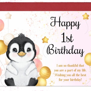 1st Birthday Card, Cute 1st Birthday Greeting Card, Funny 1st Birthday Card, Penguin Birthday Card, Cute Card for Kids, Niece, Nephew