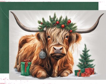 Cute Highland Cow Card, Animal Greeting Card, Highland Cow Christmas Tree and Presents Card, Holiday Christmas Cards, Merry Christmas