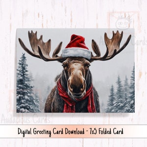 Tarjeta navideña de alce imprimible, alce navideño con gorro de Papá Noel, tarjeta de Navidad digital de alce de temporada