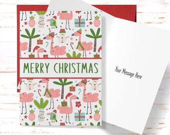 Cute Flamingo and Snowman Christmas Card, Christmas Greeting Card, Flamingo Christmas Card, Holiday Flamingo Christmas Cards