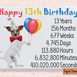 Biglietto di compleanno carino stampabile per il 13° compleanno, biglietto di compleanno per il conteggio del tempo per il 13° compleanno, auguri di compleanno per cani carini 13 anni, adolescente, adolescente