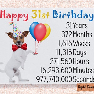 Druckbare niedliche 31. Geburtstagskarte, Geburtstagskarte für den 31. Geburtstag Oma, Opa, Onkel, Tante Mama, Papa süßer Hund Geburtstag wünscht 31 Jahre